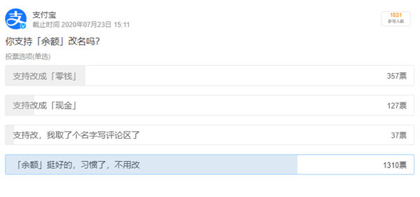 支付宝调研用户意见：余额要改名零钱了？
