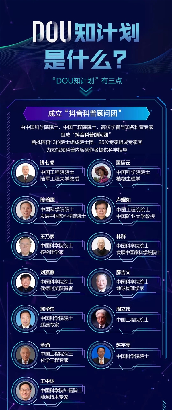 抖音“DOU知计划”今日启动：两院院士做科普顾问