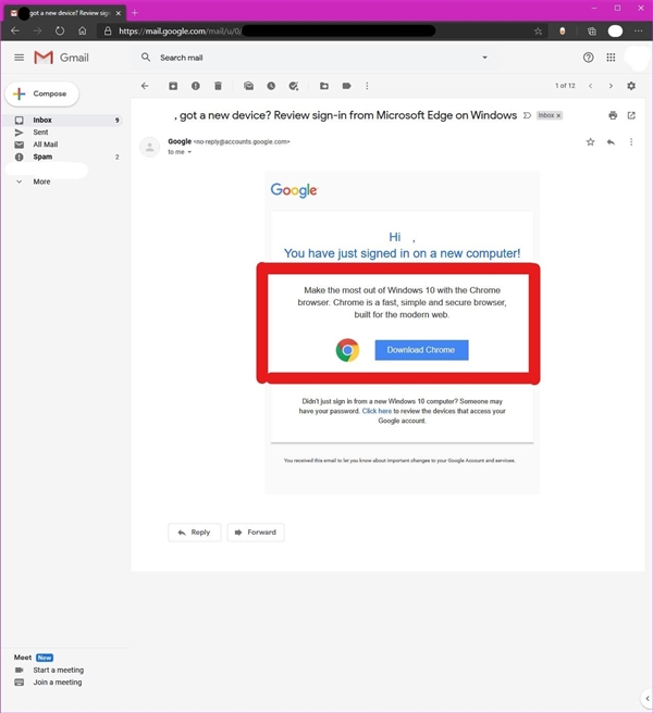 谷歌发邮件警告使用Edge登陆Gmail的用户：强烈推荐Chrome