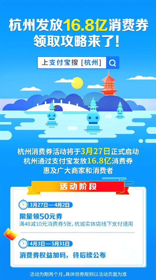 支付宝杭州发放16.8亿消费券 每人50元