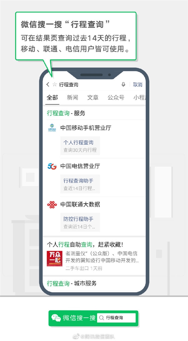 微信上线“行程查询”服务：移动联通电信用户均支持